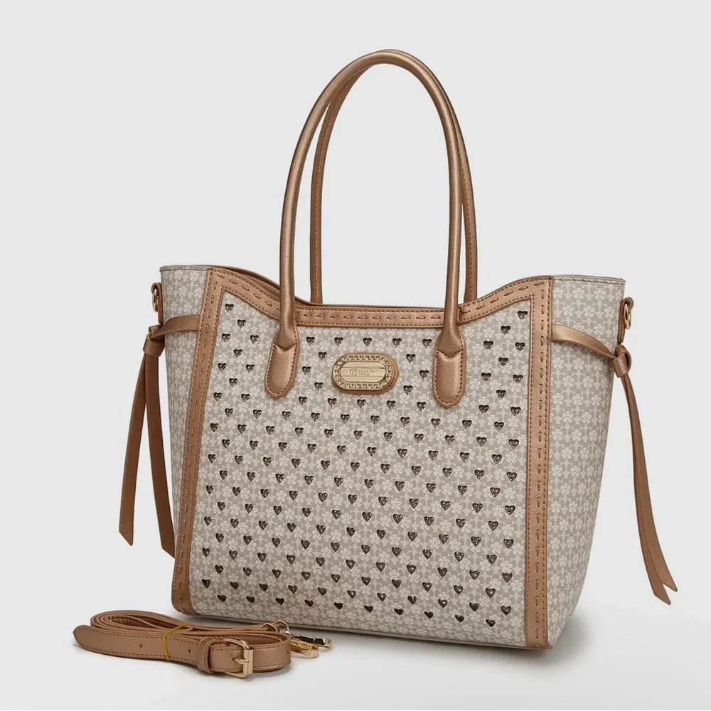 Chic Patterned Tote Bag in Brown and Tan - Picture 2 of 6